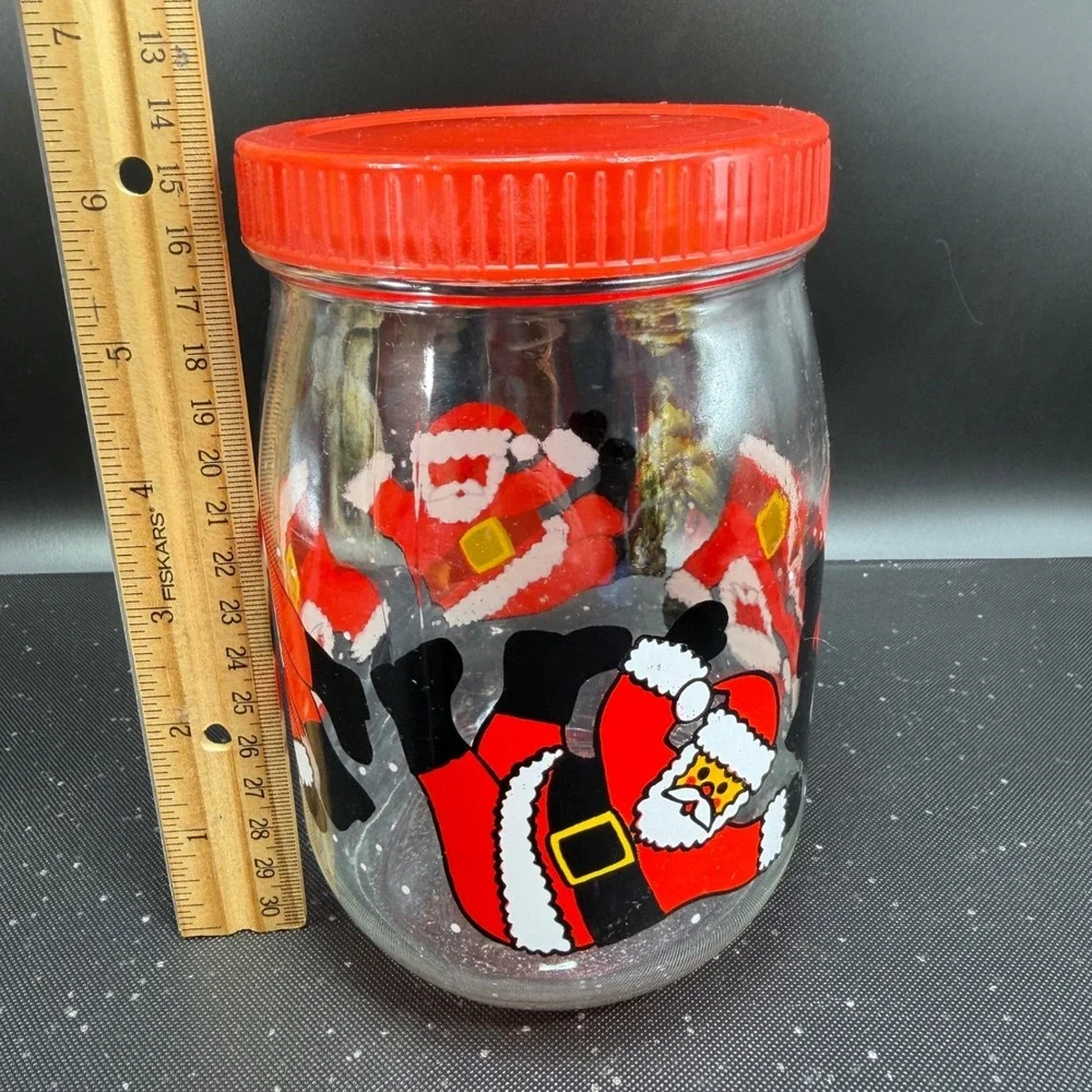 Vintage Santa Claus Glass Cookie Jar Made‎ in France Red Lid Christmas Canister